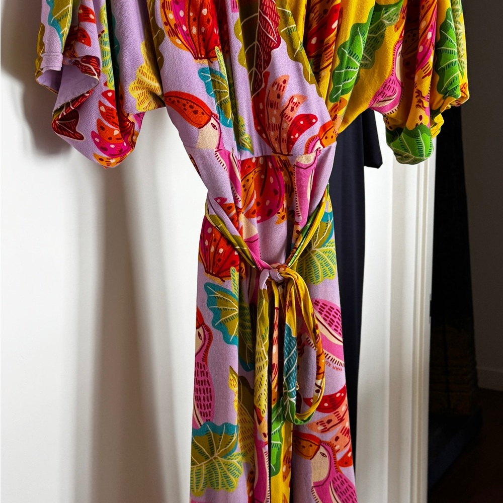 FARM Rio Pink Yellow Tropical Print Midi Wrap Dress - Picture 3 of 8